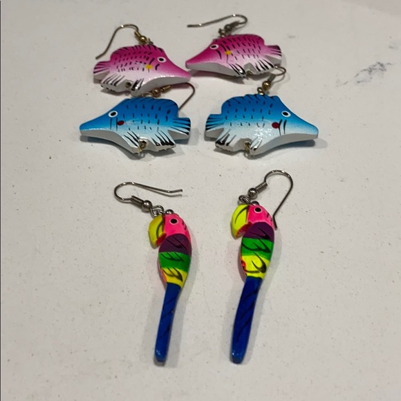 Jewelry - Set of 3 wooden angel fish & parrot earrings.